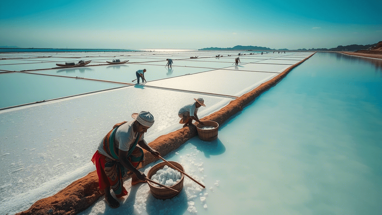 Anaiyiravu salt production - Traditional sea salt harvesting from Sri Lankan coast